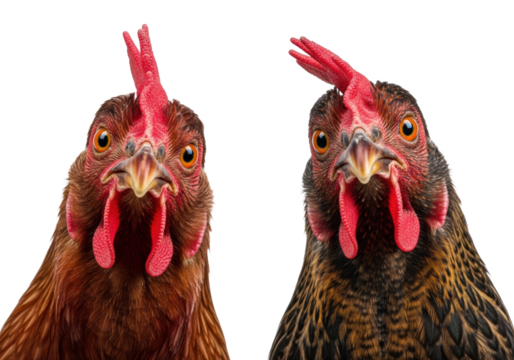 Two curious domestic chickens, brown and speckled hens with vivid red combs, tilt heads, wide eyes, direct gaze on plain white studio background with soft lighting. Curious animal portrait
