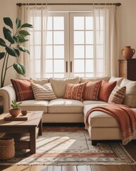 Fototapeta premium A cozy living room featuring a light sofa adorned with colorful cushions, a wooden coffee table, and natural light streaming through large windows.