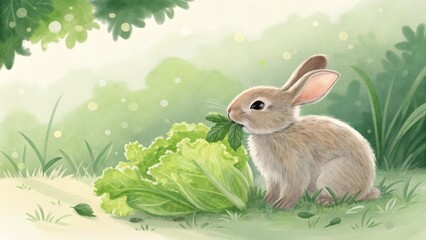 Fototapeta premium Rabbit eating lettuce leaves in watercolor style