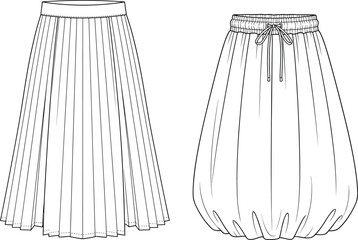 Pleated and balloon skirt front technical sketch, fashion flat drawing, clothing design template, detailed stitching, cad drawing flat vector illustration