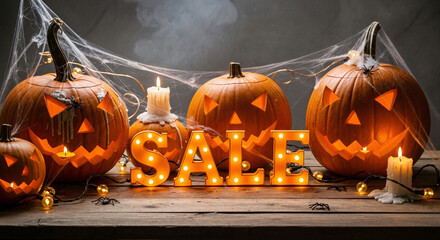 Halloween sale background with glowing pumpkins, candles and spider webs