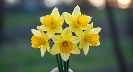 A close-up shot of a small bunch of yellow daffodils with a blurred green background