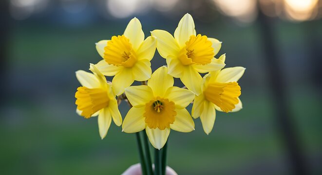 A close-up shot of a small bunch of yellow daffodils with a blurred green background - Powered by Adobe