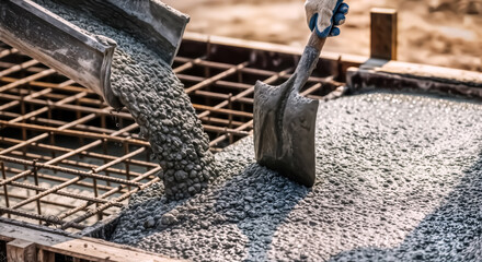 Concrete being poured from a truck into a foundation formwork with rebar, creating a solid base for construction