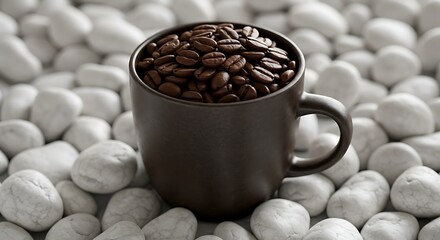 A brown mug overflowing with roasted coffee beans, resting on a bed of white pebbles