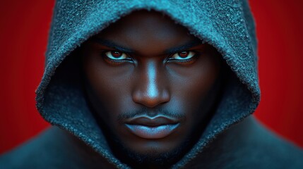 Close-up of a man in a hooded sweatshirt, intense stare