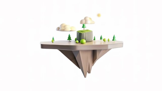 A creative 3D landscape featuring a floating island with trees and clouds.