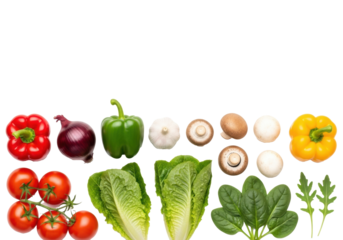 Vibrant fresh red, green, yellow bell peppers, tomatoes on vine, red onions, mushrooms, garlic, romaine, spinach, arugula, flat lay on transparent with copy space, healthy eating concept