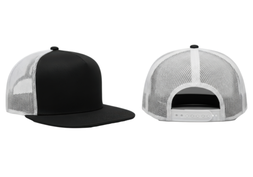 Two plain black trucker hats, one angled 3/4 view and one rear view, with flat brims and white mesh backs, isolated on a transparent background, commercial product display concept