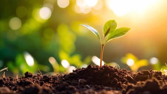 Small Green Plant Sprout Growing From Dark Soil Illuminated By Golden Sunlight Rays With Blurred Greenery Background