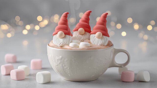 Festive Christmas cocoa with cute dancing marshmallow gnomes and warm holiday atmosphere
