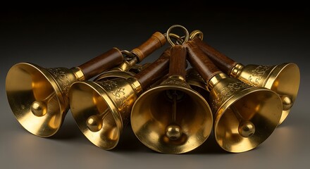 A cluster of shiny, golden bells with dark wooden handles, set against a gray backdrop