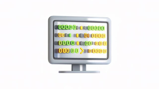 A computer monitor displaying a colorful binary code matrix in green and yellow against a plain background.