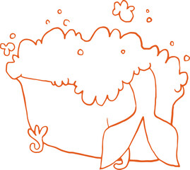 Whimsical line art illustration of mermaid tail in bubble vintage bath. Doodle fun vector graphic