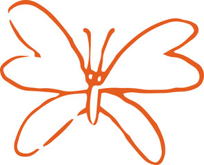 Whimsical line art illustration of red butterfly. Doodle fun vector graphic