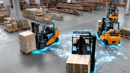 Automated Logistics: Electric forklifts navigate seamlessly through a state-of-the-art warehouse, streamlining the movement of goods and embodying modern supply chain efficiency.  - Powered by Adobe