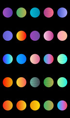 Set of vibrant gradient circles on black background, suitable for design and graphic projects.