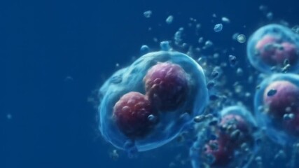 Microscopic view of dividing cells in a vibrant blue background, showcasing the intricate process of cellular division and the dynamic environment surrounding them - Powered by Adobe