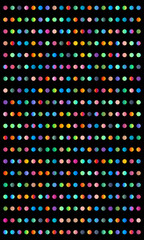 A vibrant pattern of multicolored dots arranged in a grid on a black background.