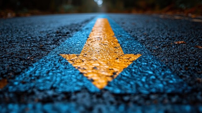 Close-up of a yellow arrow painted on a dark asphalt road