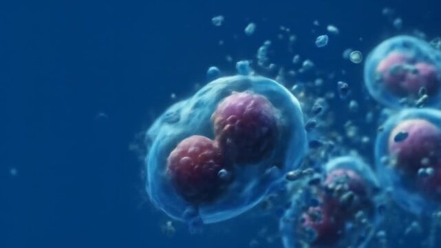 Microscopic view of dividing cells in a vibrant blue background, showcasing the intricate process of cellular division and the dynamic environment surrounding them