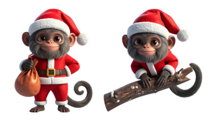 Two cartoon tamarin monkey in Santa outfit bundle isolated on transparent background