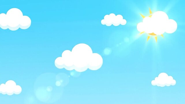 Bright cartoon blue sky with fluffy white clouds and a shining yellow sun with rays and lens flares