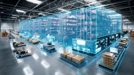 Warehouse Logistics: A futuristic warehouse showcases advanced storage and transport systems, illustrating the seamless flow of goods. Digital overlays highlight the efficiency of modern supply chain. - Powered by Adobe