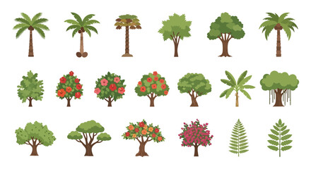 Assorted botanical vector trees on a white background in varying styles