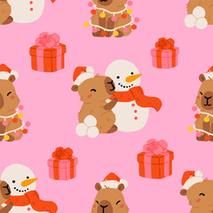 Seamless Christmas pattern with Cute cartoon capybaras. Hand drawn vector illustration. Funny animal background. Naive childish design. Cool comic character, kids poster, card, social media banner.