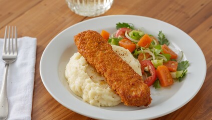 Golden Crusted Delight on Creamy Bed, Enhanced by a Colorful Vegetable Medley.