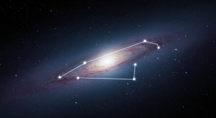 A constellation overlaid upon a vibrant galaxy with swirling hues of red, white, and blue