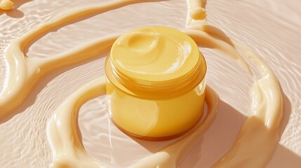 a high resolution photograph, close up, of a small yellow metal tin filled with creamy butter on a marble background, soft lighting, golden hues, highly detailed, cinematic, 8K, hyper realistic

