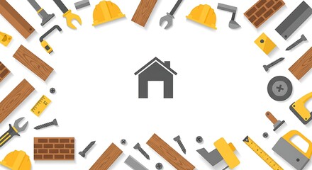 A builder's frame featuring various tools surrounding a house symbol on a white background