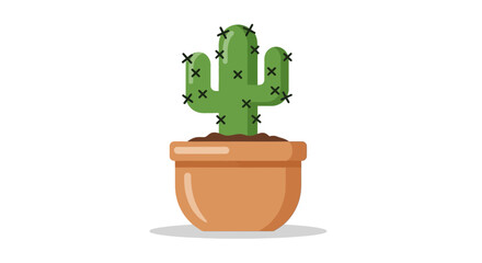 Cactus in a terracotta pot with dark green spines against a white background