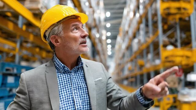Warehouse Supervisor: A seasoned warehouse supervisor, clad in a safety helmet, points towards the vast rows of stored items, ensuring smooth operational flow.