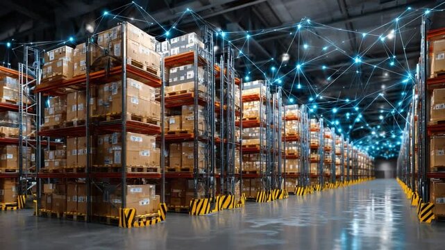 Warehouse of the Future: An expansive warehouse, filled with neatly stacked packages and advanced digital connections, representing modern logistics and the power of technology.
