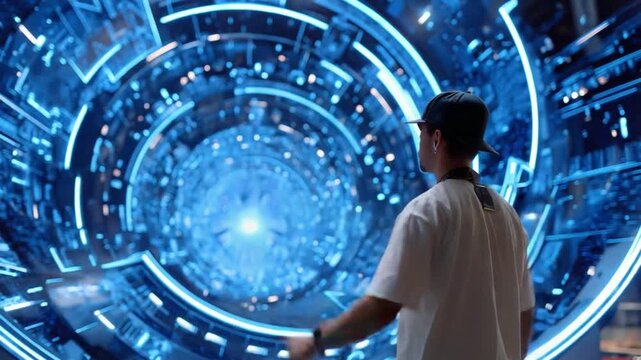 Digital Journey: A man stares in awe at a mesmerizing digital portal, his presence dwarfed by the intricate, futuristic display of advanced technology. 