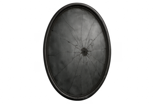 Broken oval mirror with shattered glass surface