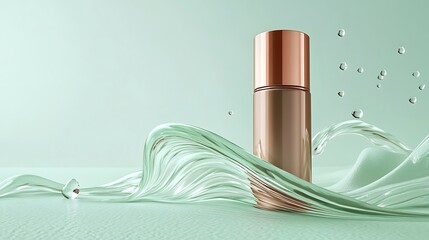 elegant minimalist metallic cosmetic bottle, pastel green fluid splashing around, soft focus, clean studio lighting, seamless background, luxurious product photography
