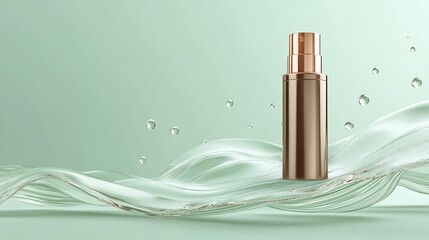 elegant, bronze perfume bottle, glass waves, minimalist background, light green, abstract, smooth, luxurious, high-end, close-up, product photography, studio lighting, 8k, highly detailed
