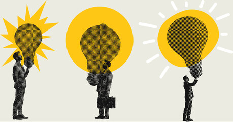 Naklejka na ściany i meble Business people holding large lightbulbs symbolizing creativity, innovation, and bright ideas for success