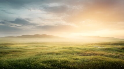 Obraz premium Expansive green grassland stretches toward misty, sunlit hills under a dramatic sky