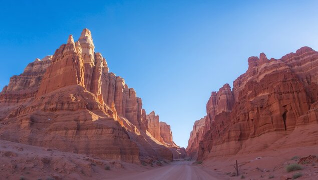 Majestic Canyon, A Journey Through Towering Red Rock Cliffs Under a Brilliant Blue Sky.