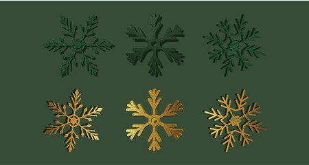 A snowflake vector illustration of a floral background with green leaves and winter snowflake patterns