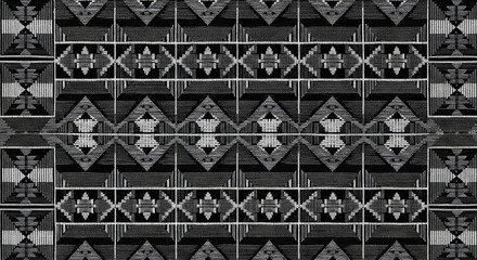Woven Black and White Textile Design with Geometric Motifs, Ornate Abstract Pattern of Interwoven Strands in Monochrome Hues