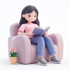 3D character of a woman sitting on a soft chair with a book