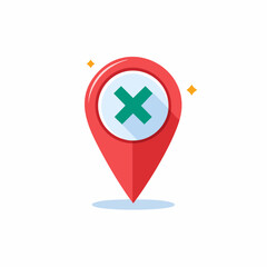 Obraz premium Red map pin icon with a green X symbol indicating error or incorrect location. Flat design style with subtle long shadow.