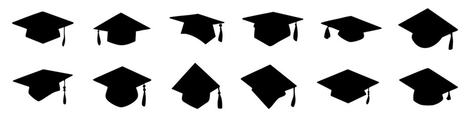 graduation hats silhouette on white background