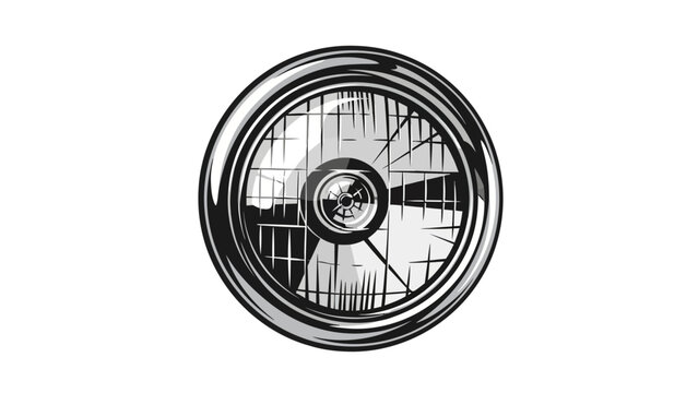 A black and white illustration of a circular chrome headlight